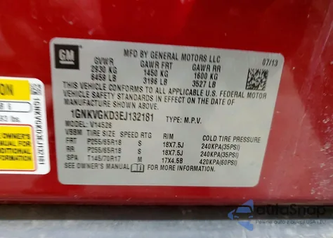 2014 Chevrolet Traverse Lt z USA, uszkodzony, nr VIN 1GNKVGKD3EJ132181